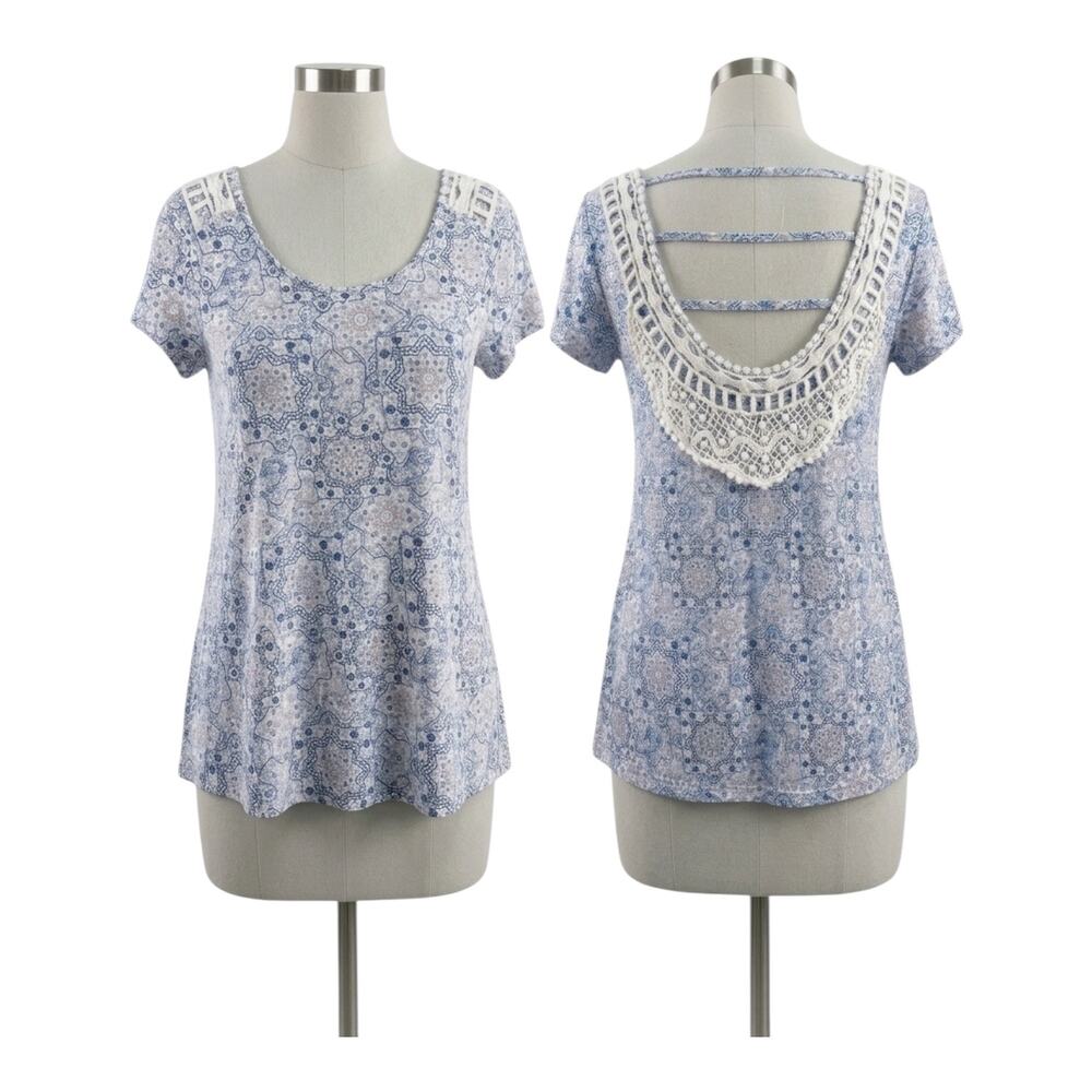 Maurices L Floral Lace Strappy Open Back Boho Blouse Top Sz Large